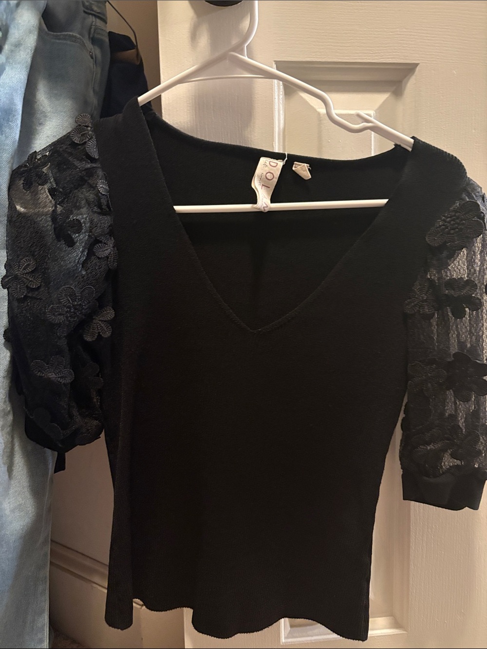 Anthropologie Black V-Neck Top with Floral Lace Puff Sleeves